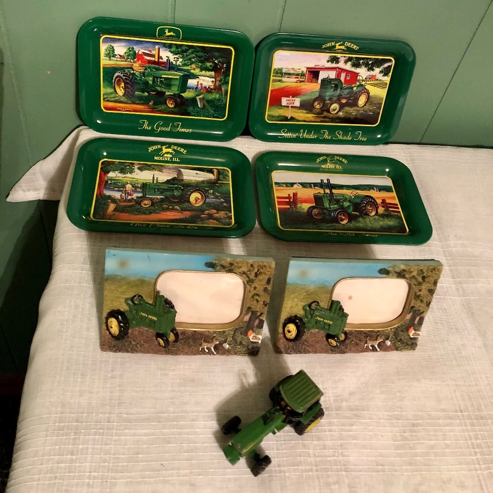 John Deer Bundle 4 John Deere Tin Trays 2 3D Picture Frames Die Cast Tractor Vtg